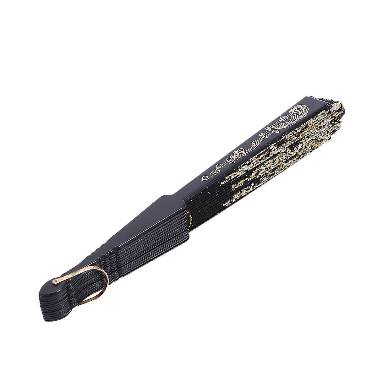 Portable Folding Sequin Hand Fan Chinese Style Black Color For Women Daily Use 1Pack