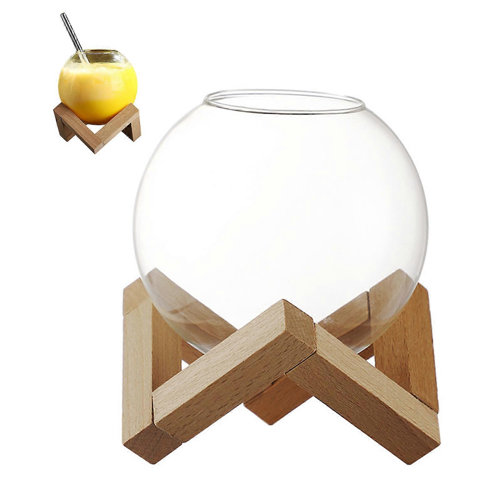Creative Shaped Cups Round Shape Drinking Glass for Kitchen Use Multi Wood and Glass Material 1 Set