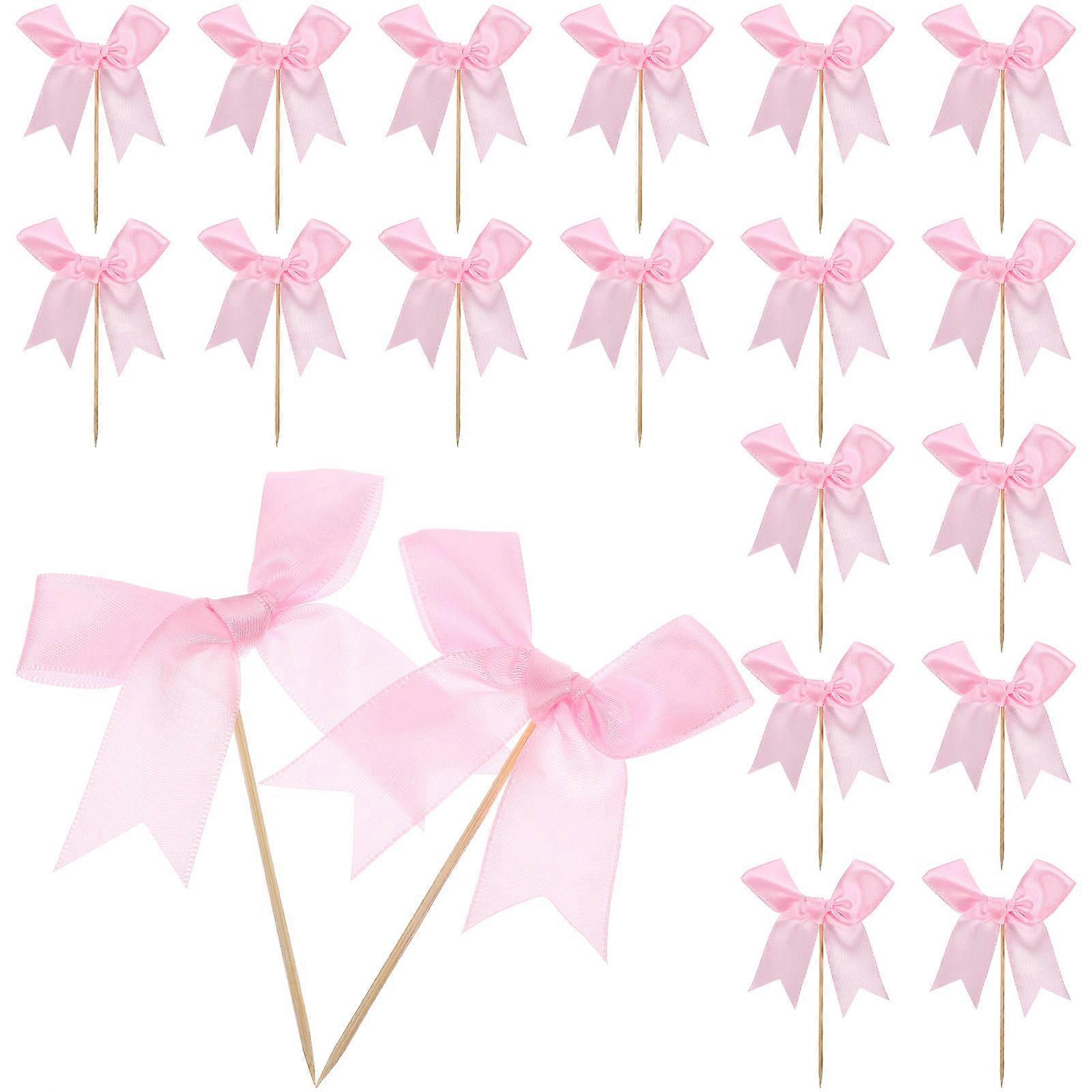 Bowknot Cake Decoration Bow for 80Pcs Pink Ribbon Picks