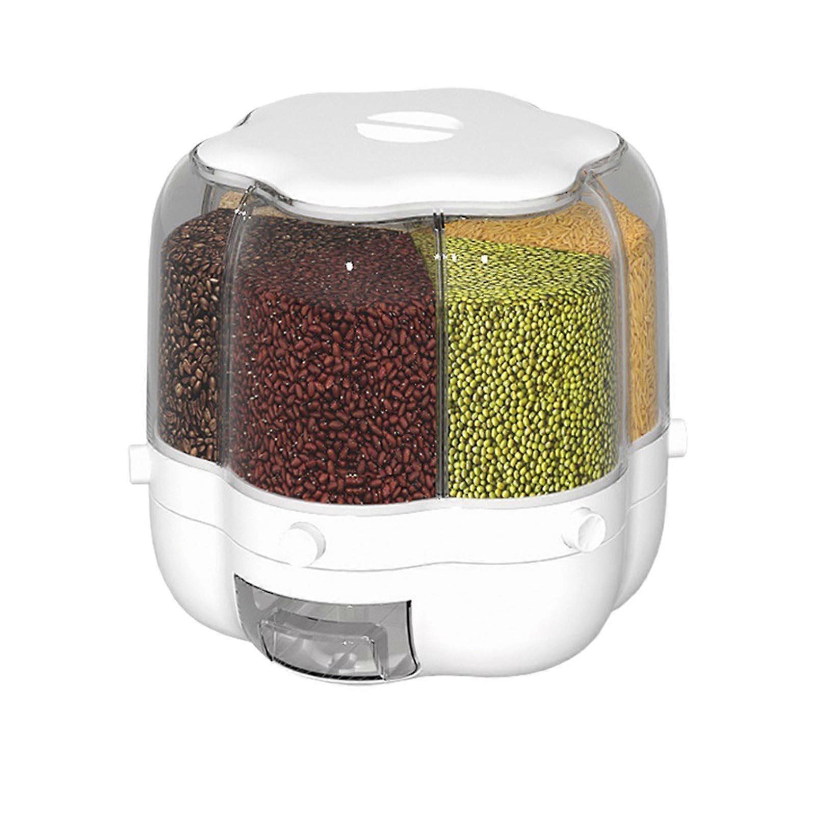 Rotating Grain Dispenser With 6 Grids, 33 Lb Capacity, 30 G Portions, Round White Rice Storage Container