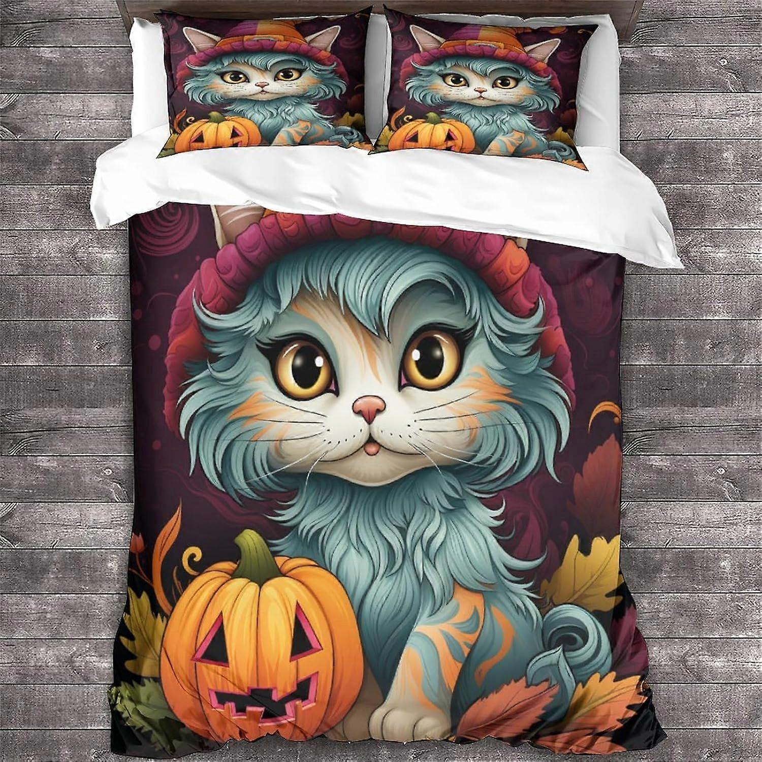 Capa Edredom Cat Dupla Padrão Halloween Roupa de Cama Conjunto Leve Leve de Microfibra Capa de Colcha de Animais com Zíper Fechamento King