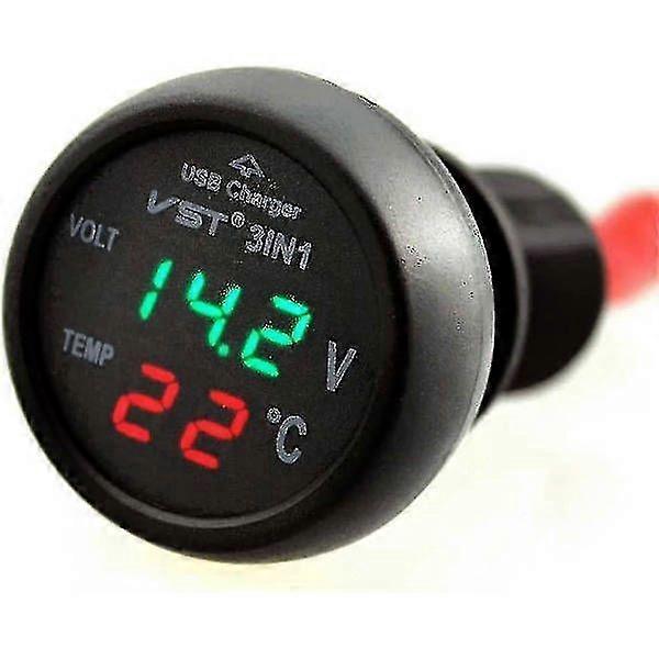 Car Voltmeter, 3 in 1 12-24v Car Thermometer Car USB Charger Voltmeter with LCD Digital Display Panel Temperature Tester Voltage Meter for Cars