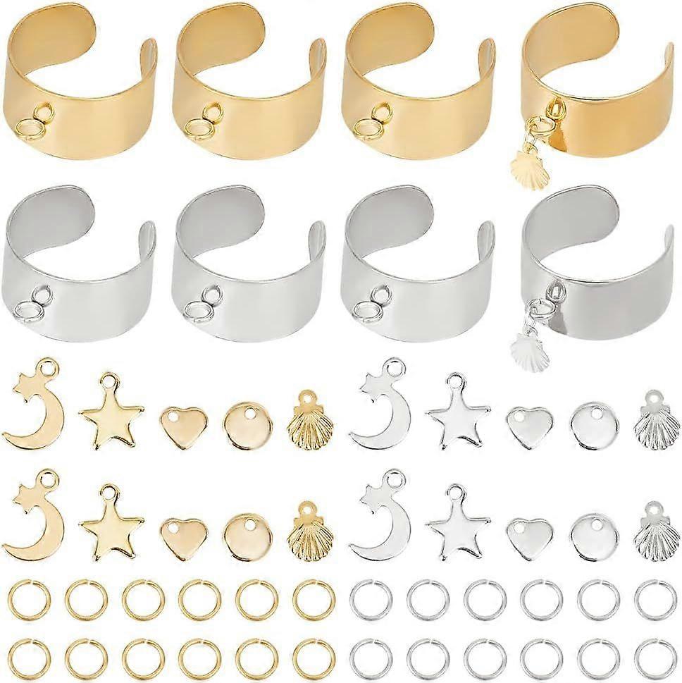 140 Pcs Adjustable Charm Rings Making Kit Including Moon Star Shell Heart Charms Stainless Steel Cuff Finger Ring Jump Ring Dangle Open Statement Ring