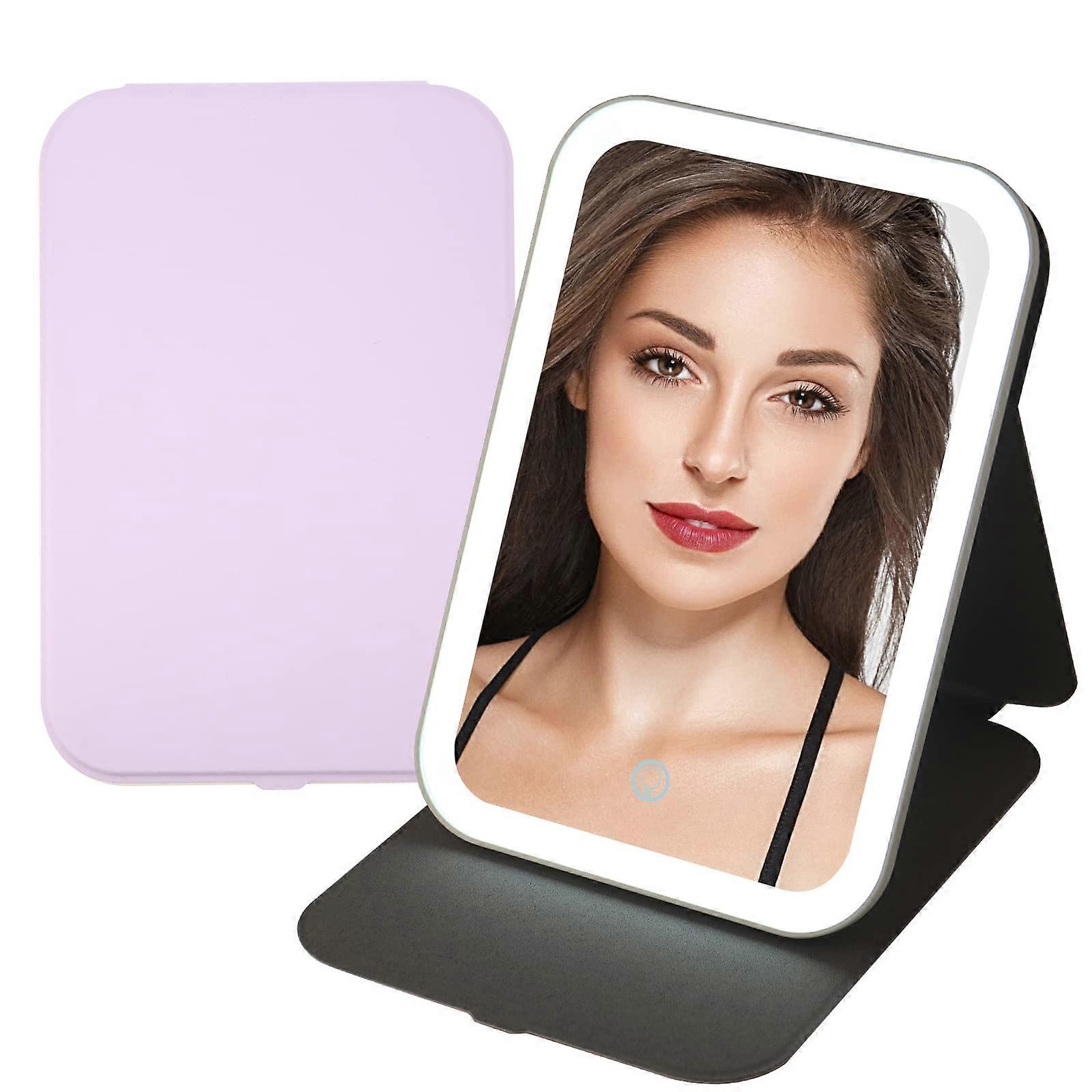 Rechargeable Travel Lighted Makeup Mirror with 3 Colors, 360° Rotation, Foldable Compact Vanity (Purple)