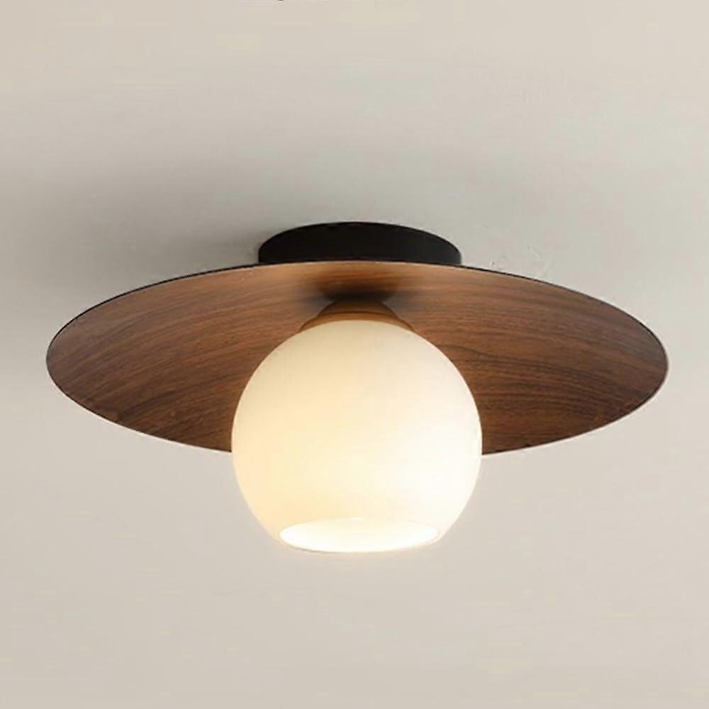 Semi Flush Mount Ceiling Light with White Globe Glass Shade, Walnut Wood Grain Nordic Style for Entryway