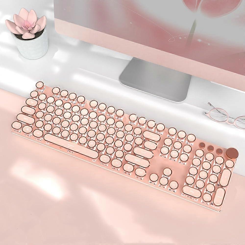 Pink Mechanical Gaming Keyboard Retro Typewriter Style with Round Keycaps and Rainbow LED Backlight