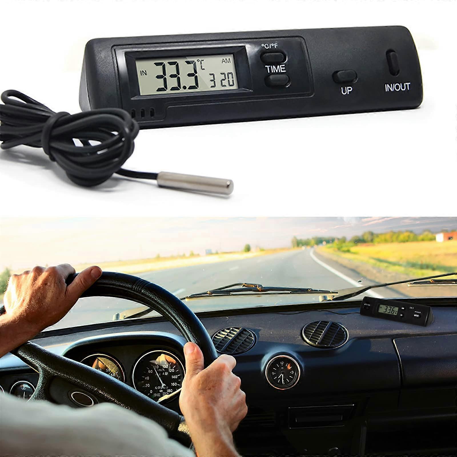 Car Digital Thermometer with Indoor Outdoor Temp Display, Celsius Fahrenheit Conversion, Clock