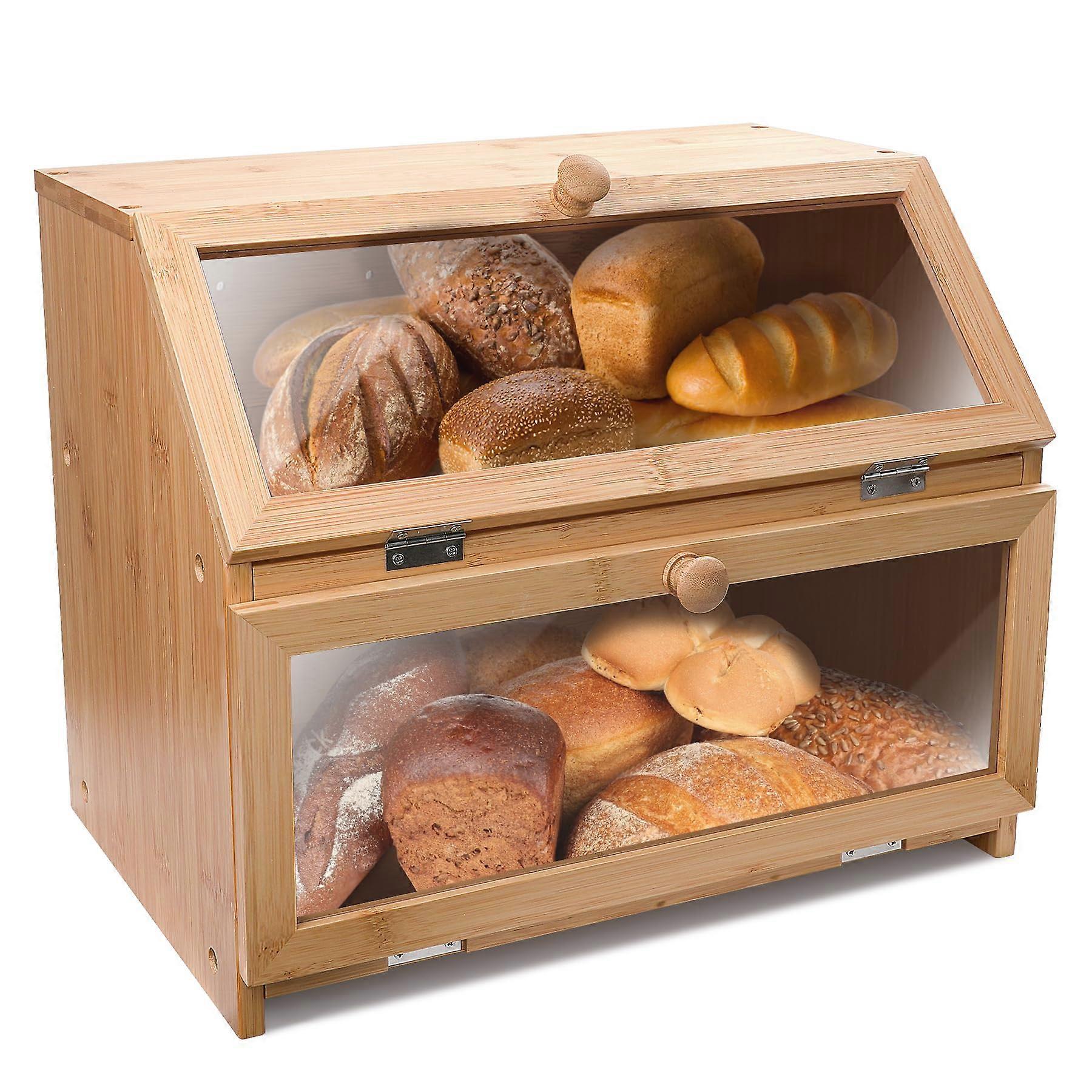 Large Bamboo Bread Box with Clear Windows, Dual Compartments and Ventilated Kitchen Counter Storage