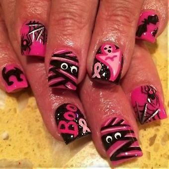 Halloween Press On Nails Ghost Fake Nails Pink Black Short Square Glossy Reusable 24Pcs