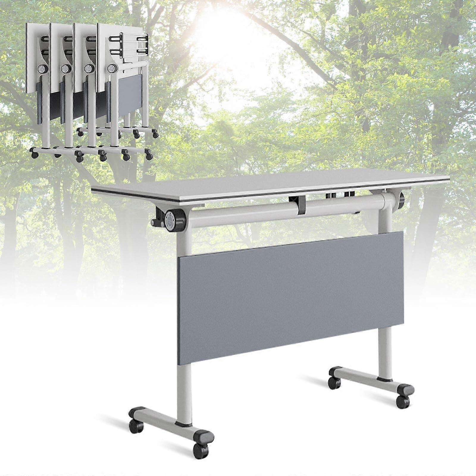 White Folding Conference Table with Flip , Lockable Wheels, SpaceSaving Metal Frame for Office
