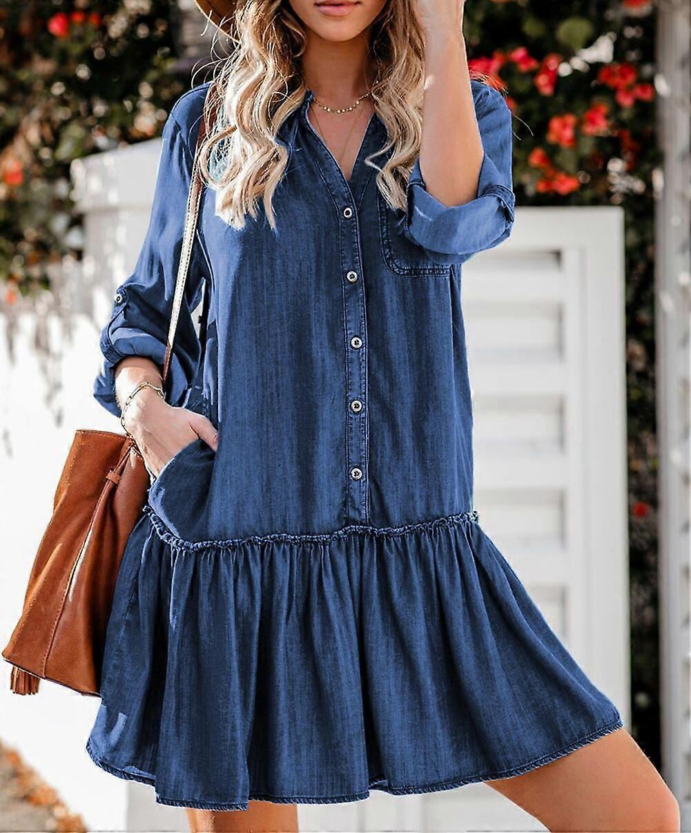 V-neck patchwork loose-fitting button-down denim midi skirt L