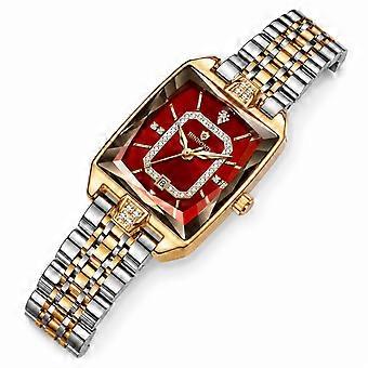BINBOND Square Women's Watch with Rhinestones Two-Tone Rose Gold Red Dial Waterproof Fashion Casual JY