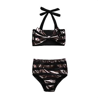 Veeki Infant Baby Girl Bikini Set Shiny Stripes Swimsuit Kids Halter Tops High Waist Shorts Bathing Suit Beachwear, 0-3 Months, Brown