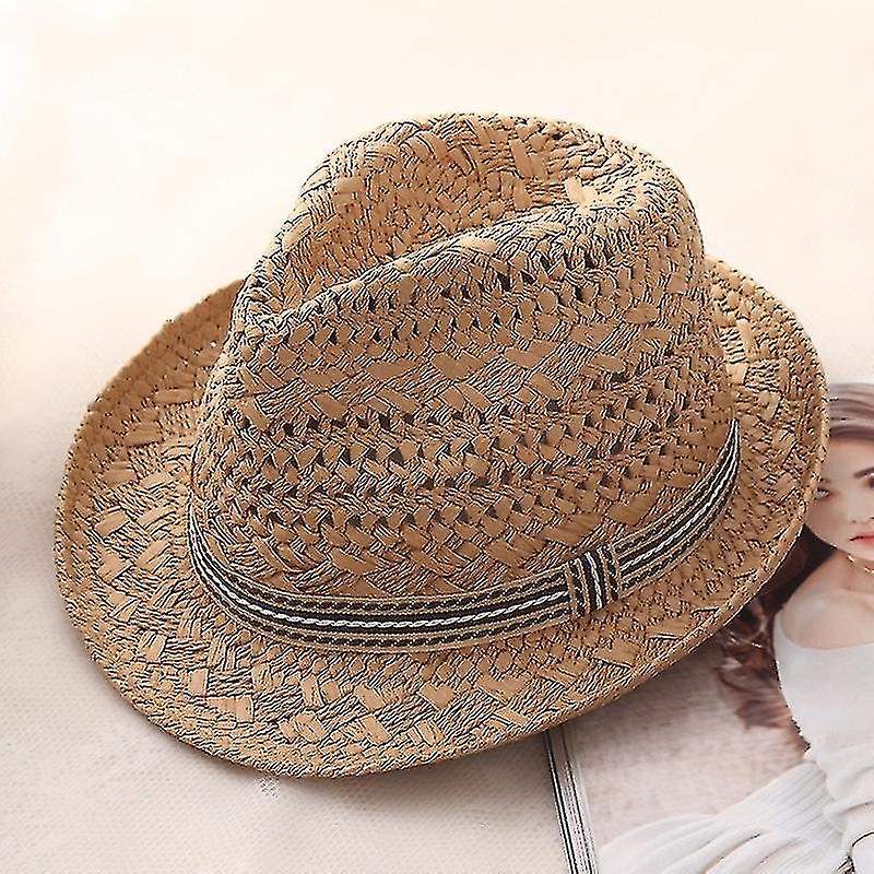 Hats British Style Summer Straw Weaving Panama Beach Sun Hat Size:children's Models 53-54cm Khaki