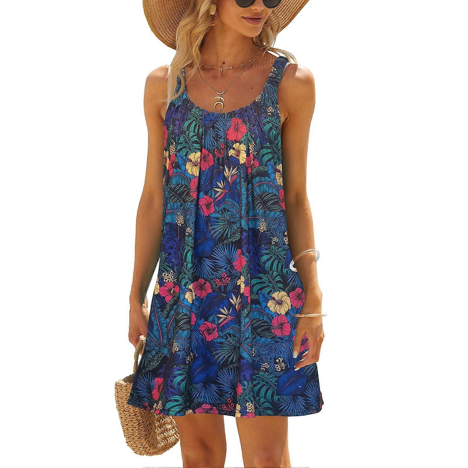 女性クルーネックプリーツタンクドレス夏カジュアルファッショナブルなエレガントなビーチノースリーブドレスパーティーカラフルフローラルブルーXXL