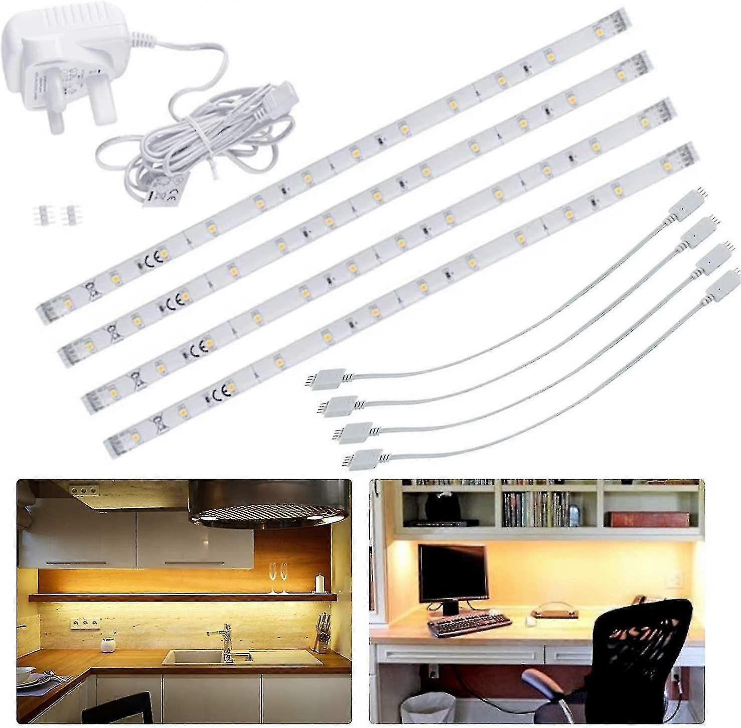 Led under kjøkkenskap / skap Strip Lights, Linkable Plug In Light Bars For hylleskap Showcase Bedside Under Counter (varm hvit, 4 x 30cm) x