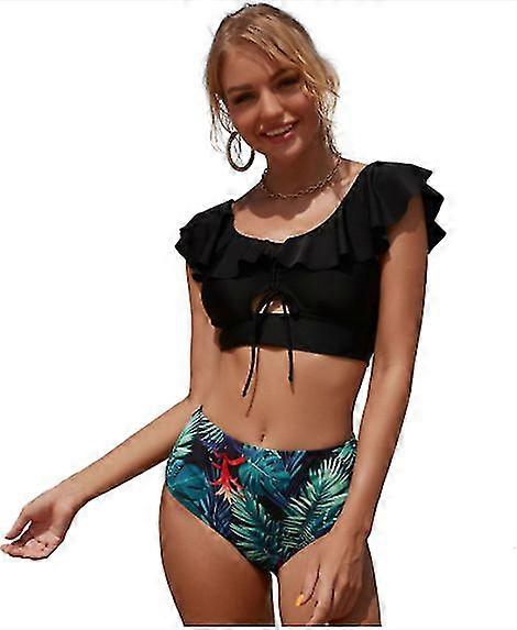 Women's High Quality Printed Bikini Swimsuit Ins Drawcord Thin Split Ruffle Bikini Swimwear For Ladies
