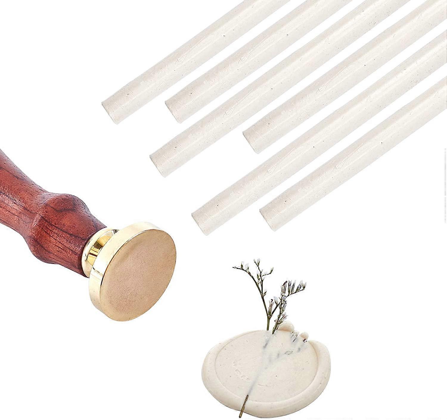 Round Blank Wax Seal Stamp + 6PCS Glue Gun Sealing Wax Sticks White, 25mm Solid Blank Brass Head & Wax Seal Sticks White for Wedding Invitations Card