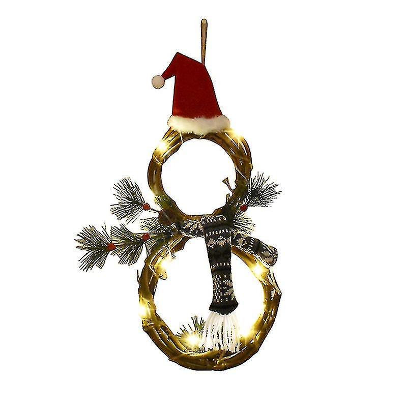 Christmas Led Lighted Rattan Circle Wreath With Hat Scarf Snowman Shaped Garland Hanging Pendant For Front Door Decor(color:gray)