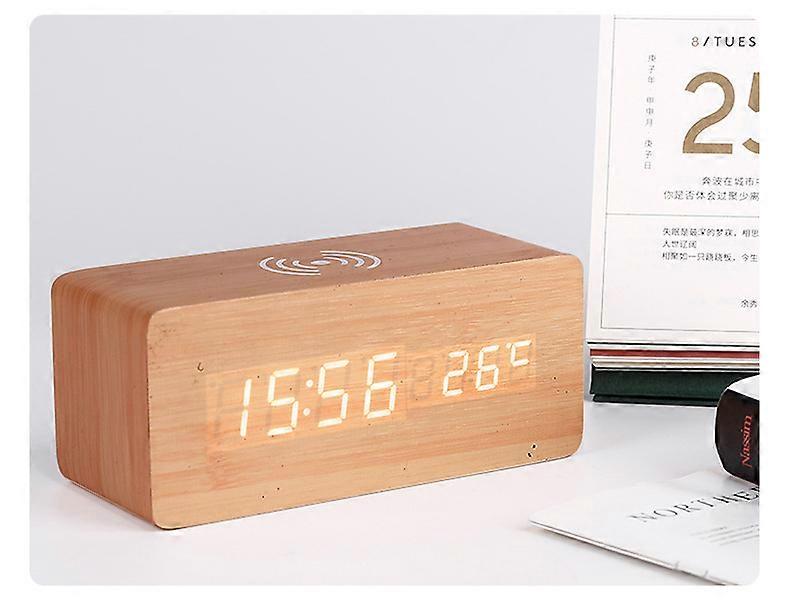 Wooden Alarm Clock Three Speed Dimming Alarm Clock with Wireless Charging Function Alarm Clock Wooden LED Clock
