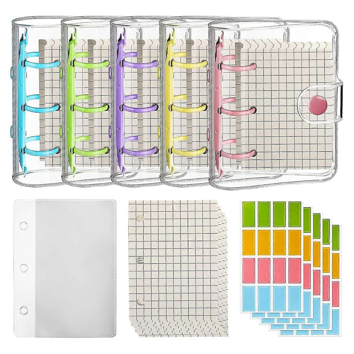 5 Pack Mini Transparent 3 Ring Binder Covers With Binder Inner Papers Storage Bags Label Sticker Bi