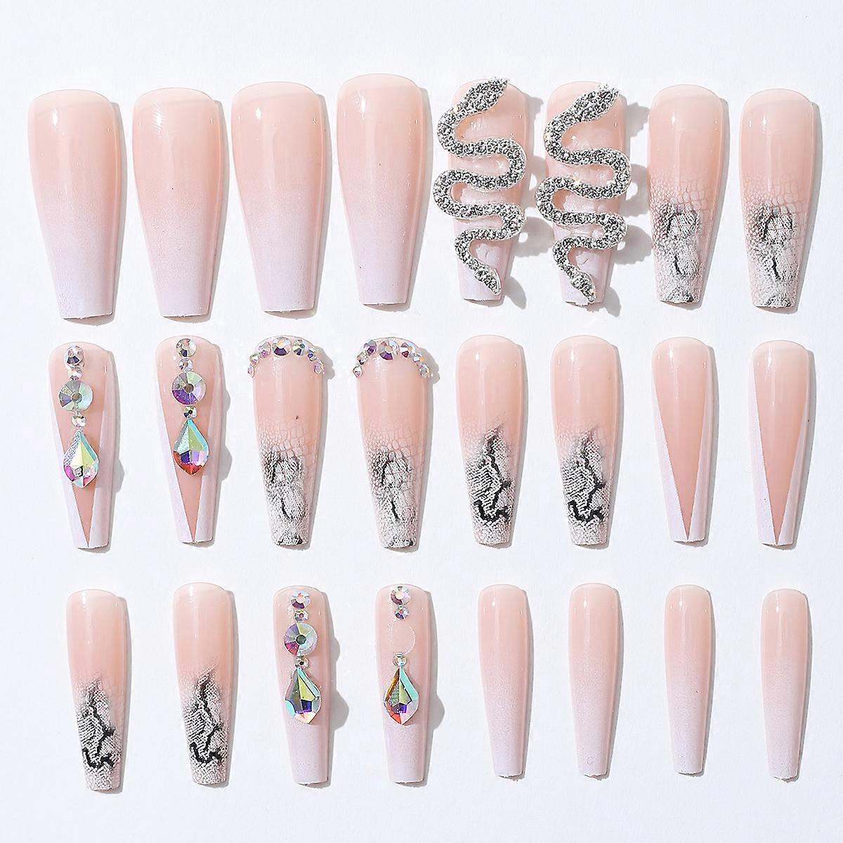 Shiny Diamond Silver Snake Gradient Long False Nails (24 Pieces), Shiny Diamond Long False