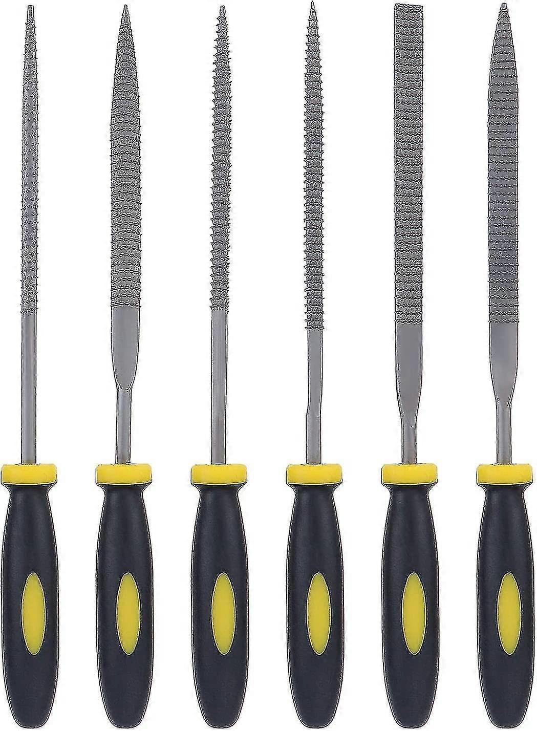 Set Of 6 Wooden Needle Files And Rasps With Soft Rubberized Handle With Different Shapes And Sizes For Carving On Wood