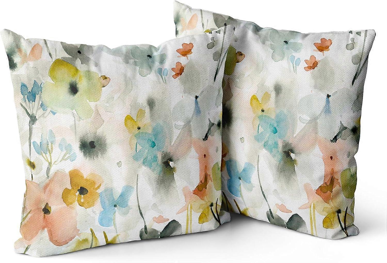 ブラウンクリームグレーティールフローラルピローカバー水彩花ソファ枕ケース素朴な抽象的なモダンな18x18 ''スローピローセット2農家の家D