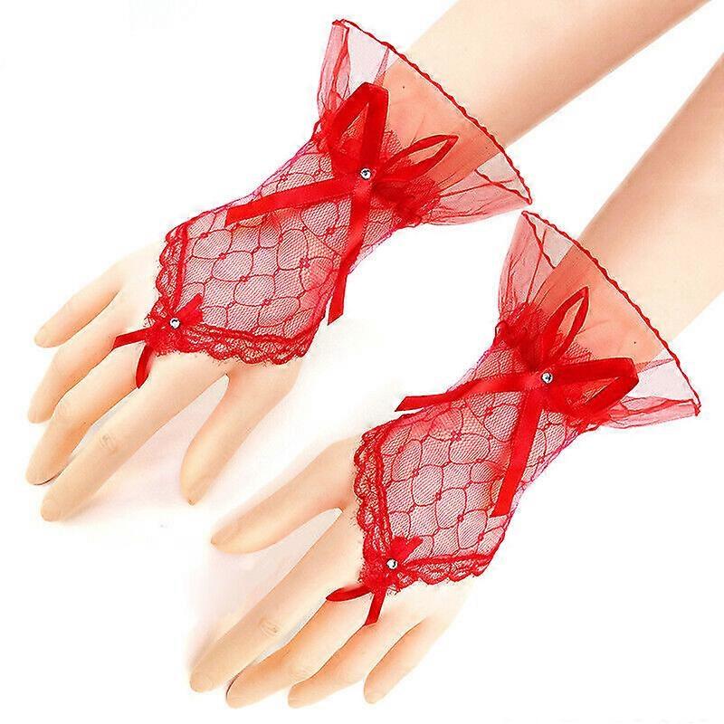 Spitze Perle Netzhandschuhe Mesh Schleife Perle Dekor Hochzeit Abend Party Fäustlinge Neu
