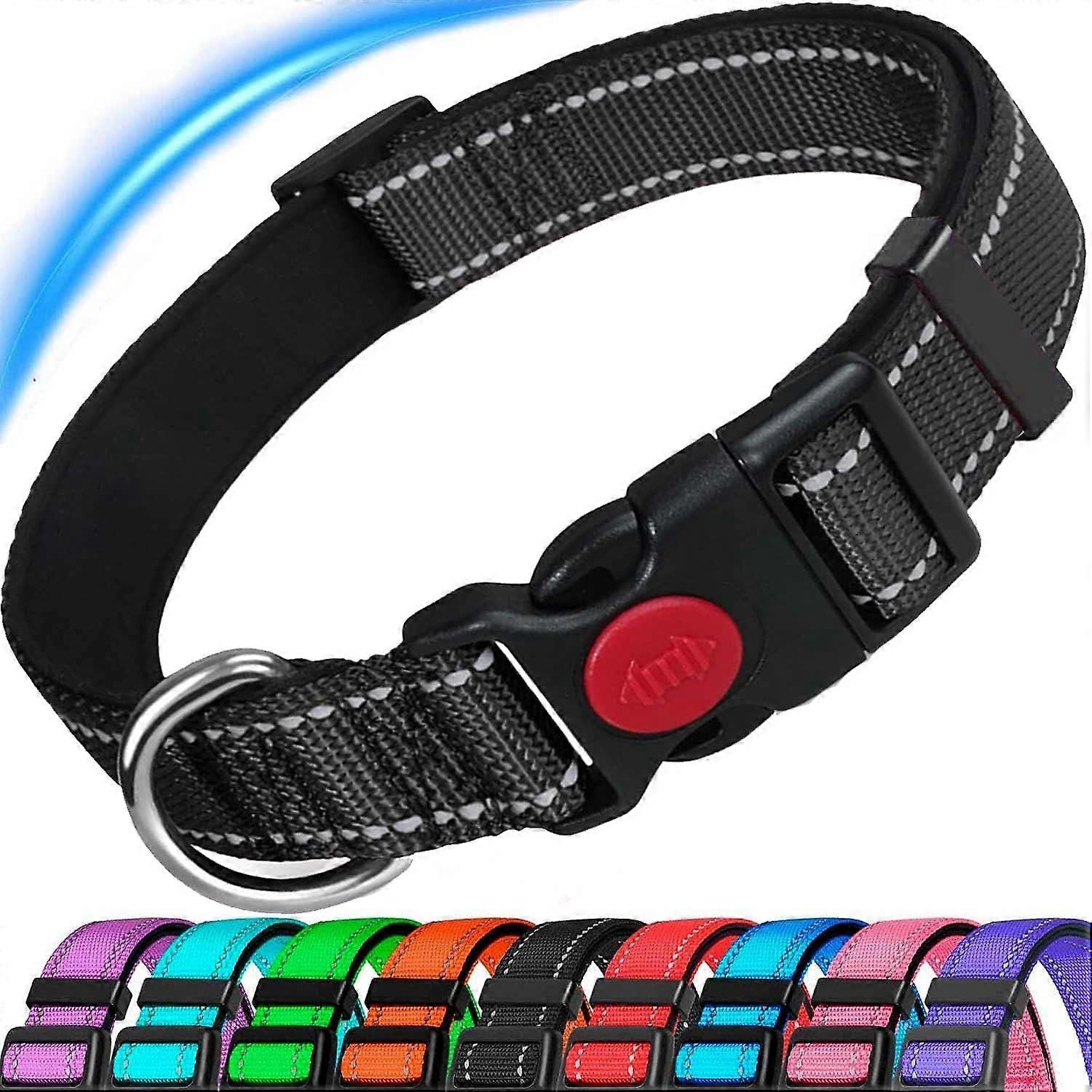 Dog Collar, Reflective Adjustable Basic with Soft Neoprene Padding, Durable Nylon Pet Collars for Puppy Small Medium Large Dogs, Black,M: 13-19.7 inch