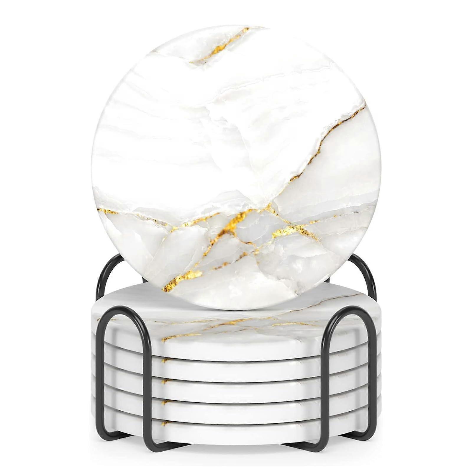 6 marble style ceramic coasters, cork back