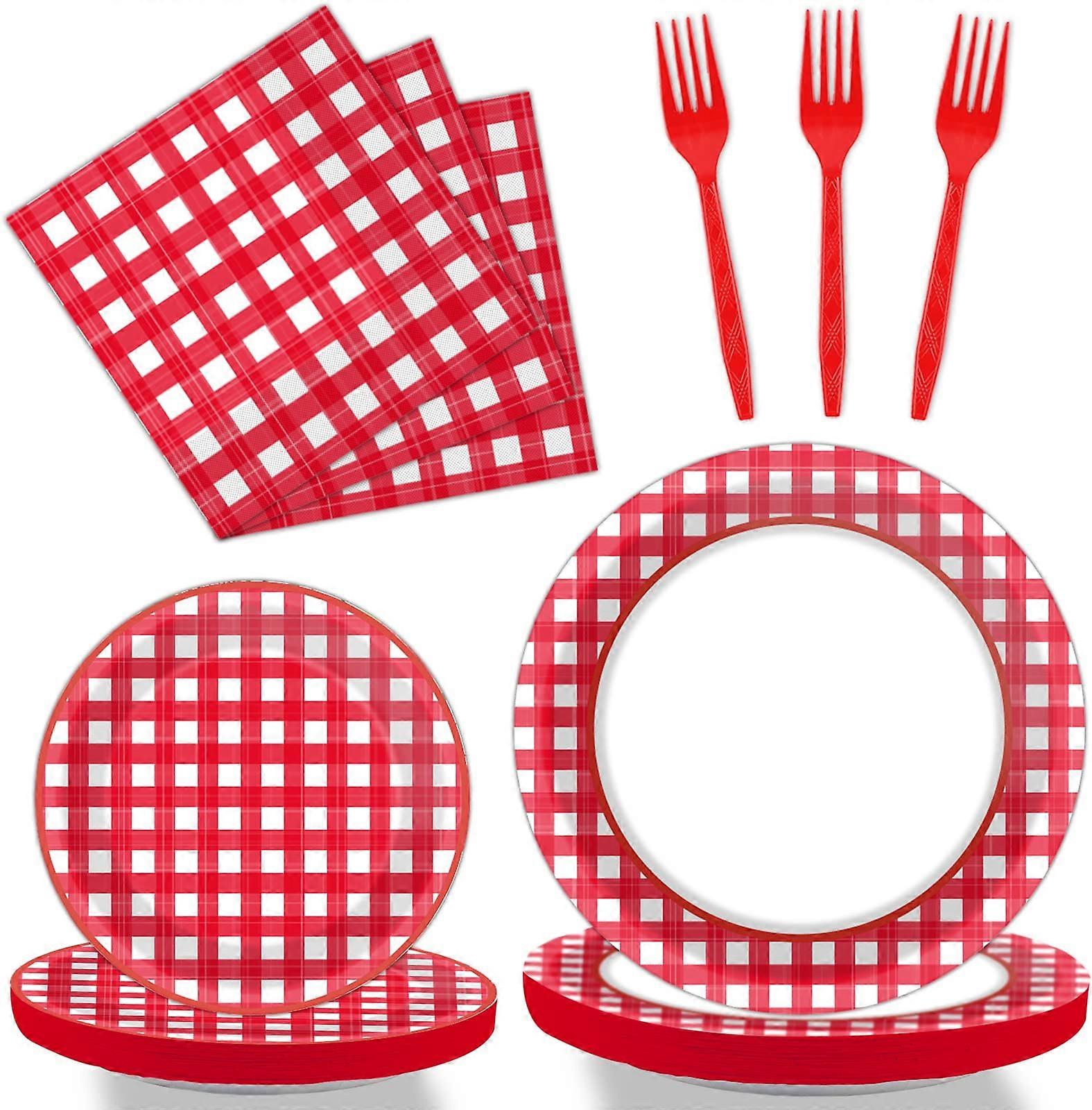 96 PCS Red and White Checkered Picnic Plates Set for 24 Guests, Disposable Party Tableware, 9 Inch Size