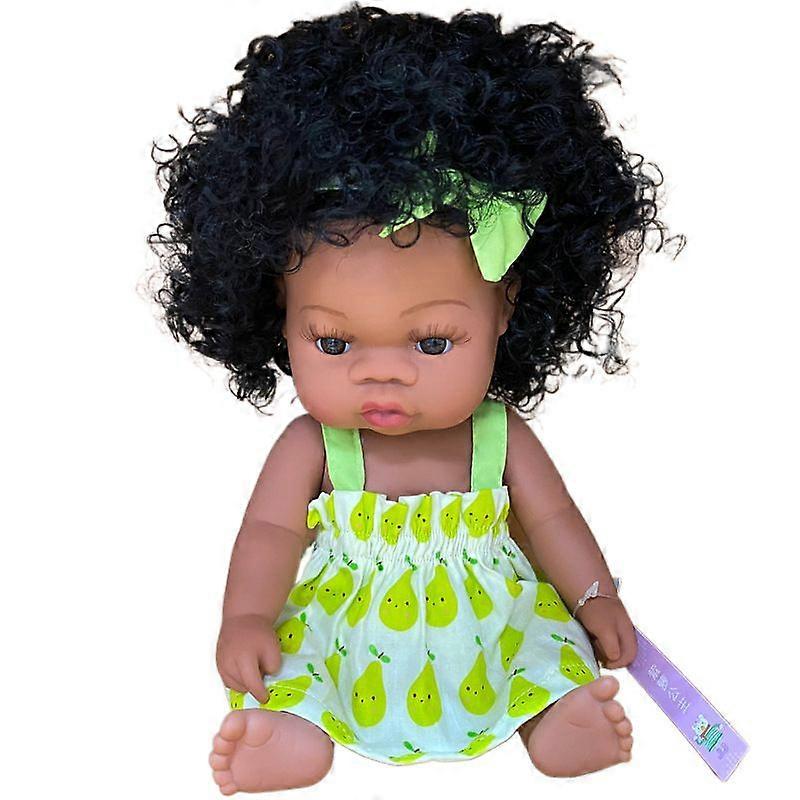 חצאית פירות ירוקה שחור בהיר # 35cm בובה שחורה, צעצוע, חצאית פירות, ילדה, הכל דבק רך, אמבטיה, בובה מרגיעה, תינוק חמוד, ילדים