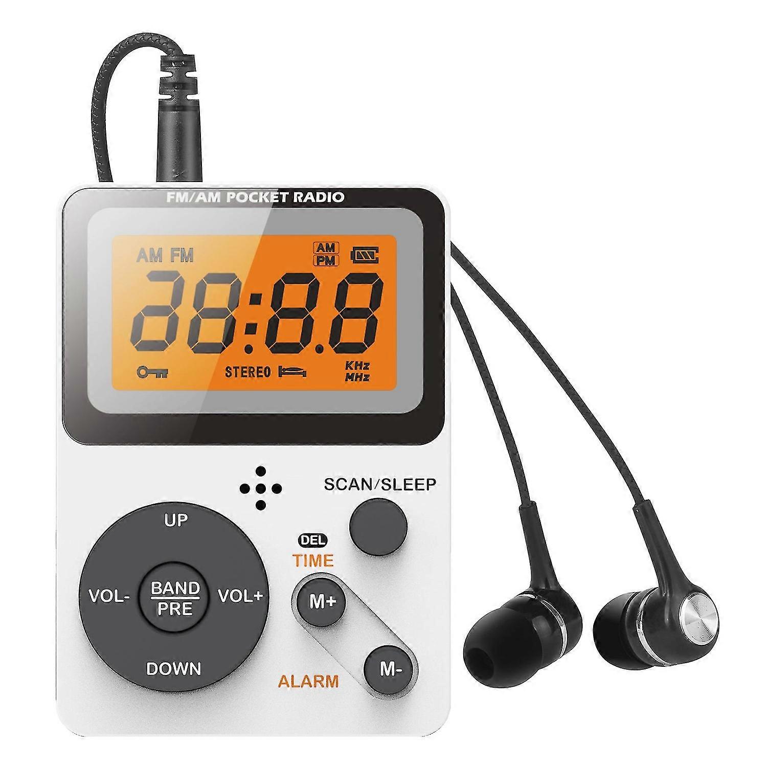 Portable Radio Receiver Alarm Clock LCD Screen Dual Band Stereo Sound with Headphones Pocket-sized A