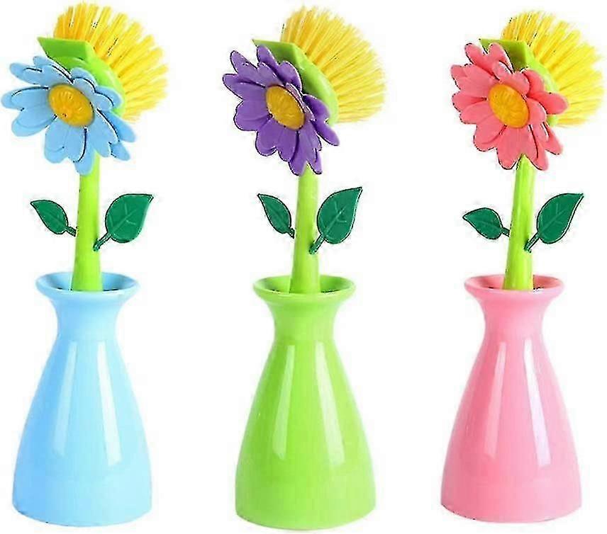 3pcs Kitchen Scrubber Brush Cute Flower Shape Long Handle Dish Scrubber Clean For Scrubbing Kit