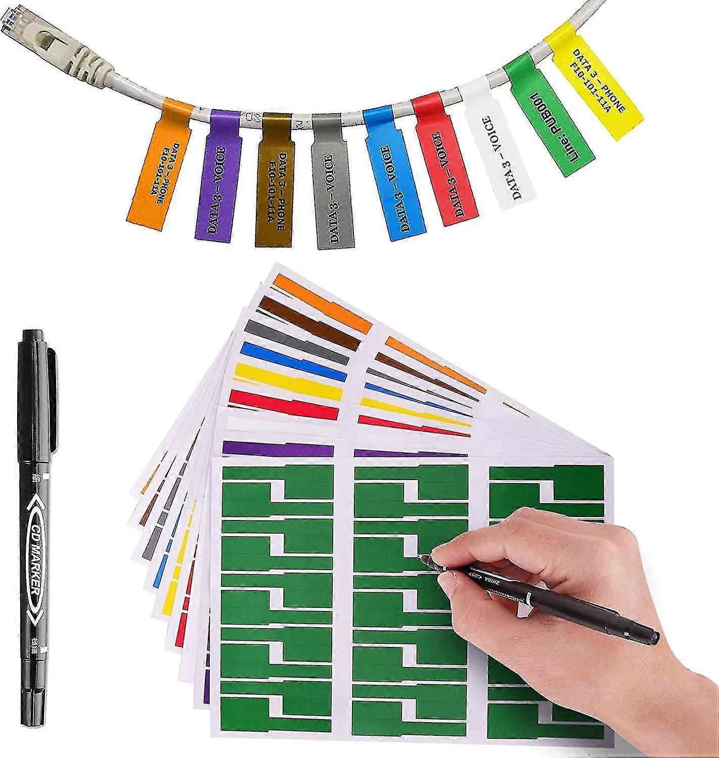 20PCS Colorful Cable Labels With Mark Pen, Cord Labels Can Write On, Self Adhesive Wire Labels Printable A4 Sheet For Laser Printer