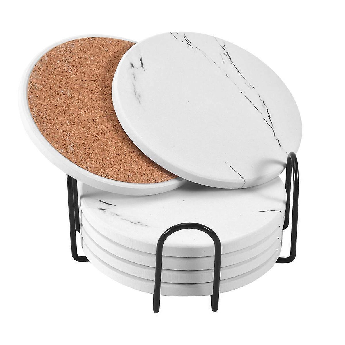 Coasters for Drinks, Ceramic Stone Coaster Set with Metal White