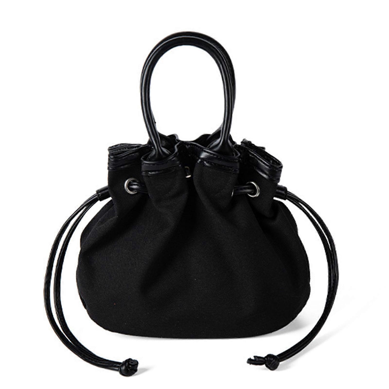 Women Bag Korean Styles Canvas Bag Drawstring Handbag All-Matching Top Handle Bag Shopping Bag Solid Color Bucket Bag Black