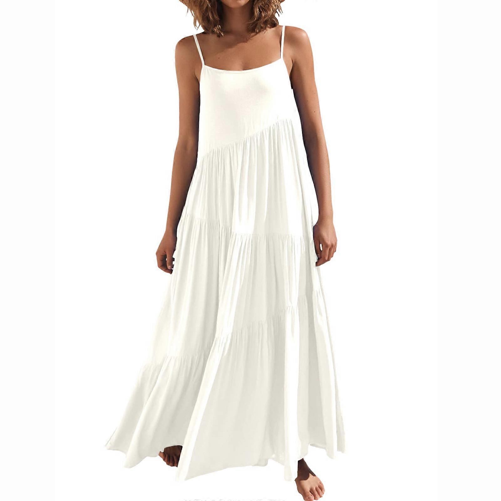 Irregular Hem Solid Color Long Skirt Women Sweet Style Sleeveless Dress Vintage Sexy Backless Sling Dress for Seaside  White XL