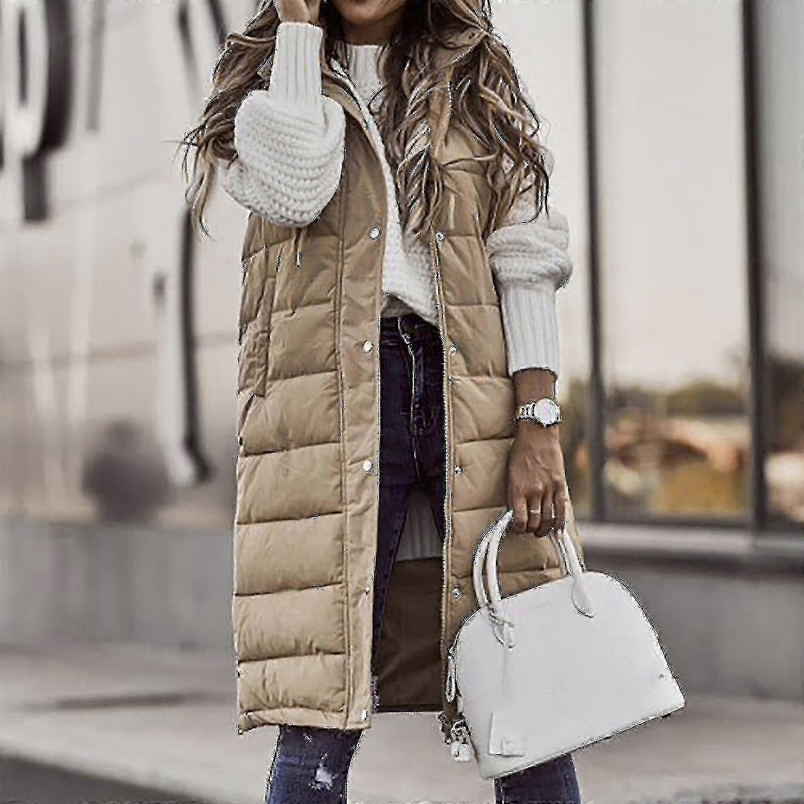 Colete acolchoado de comprimento médio com cor sólida e capuz sem mangas e bolso frontal para mulheres