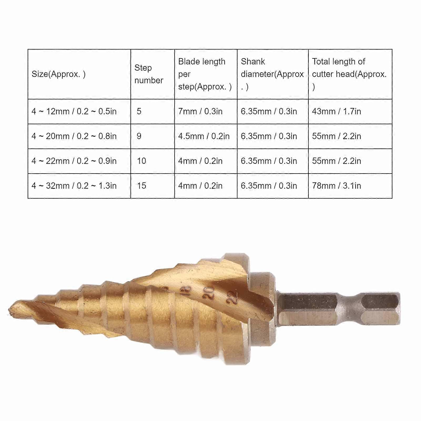 High speed steel step drill bit with hexagonal handle for drilling wood (4 to 22 mm)