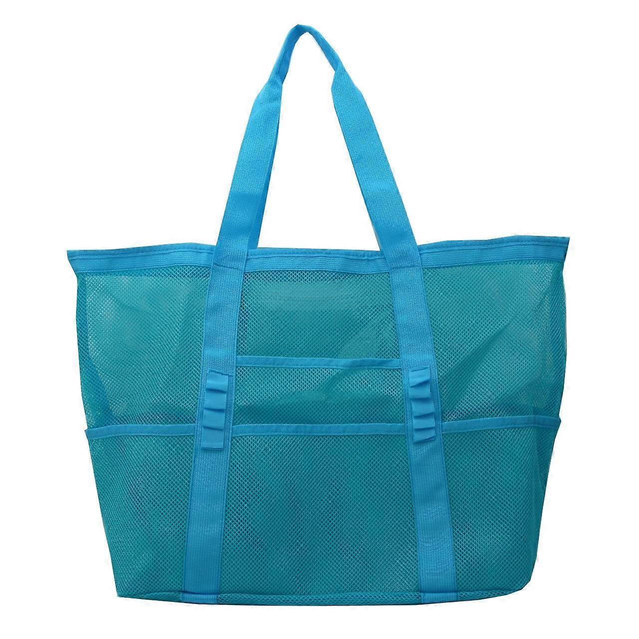 Large Mesh Beach Bag with 9 Deep Pockets, Durable Zipper, Robust Handles, Blue Family Tote for Summer Adventures
