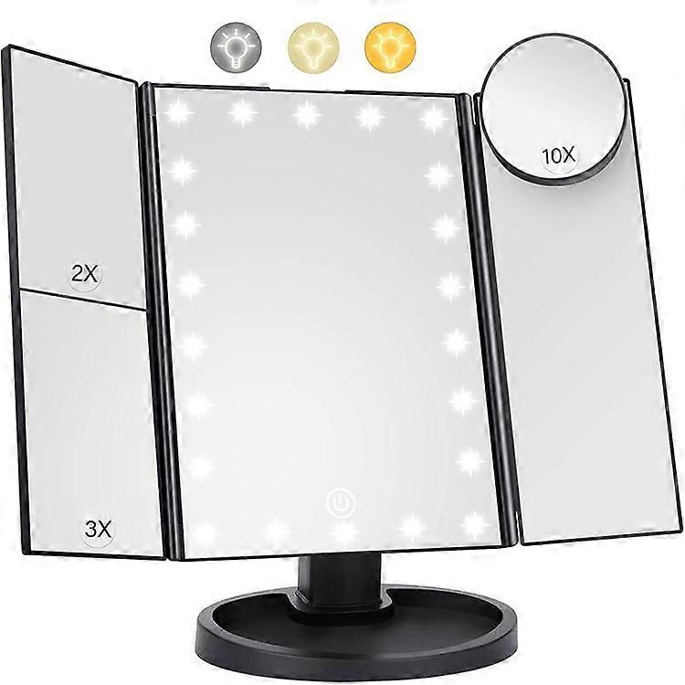 3 Side Foldable Makeup Mirror Dimmable Light 22LED Tabletop Vanity Mirror with Small Round Mirror
