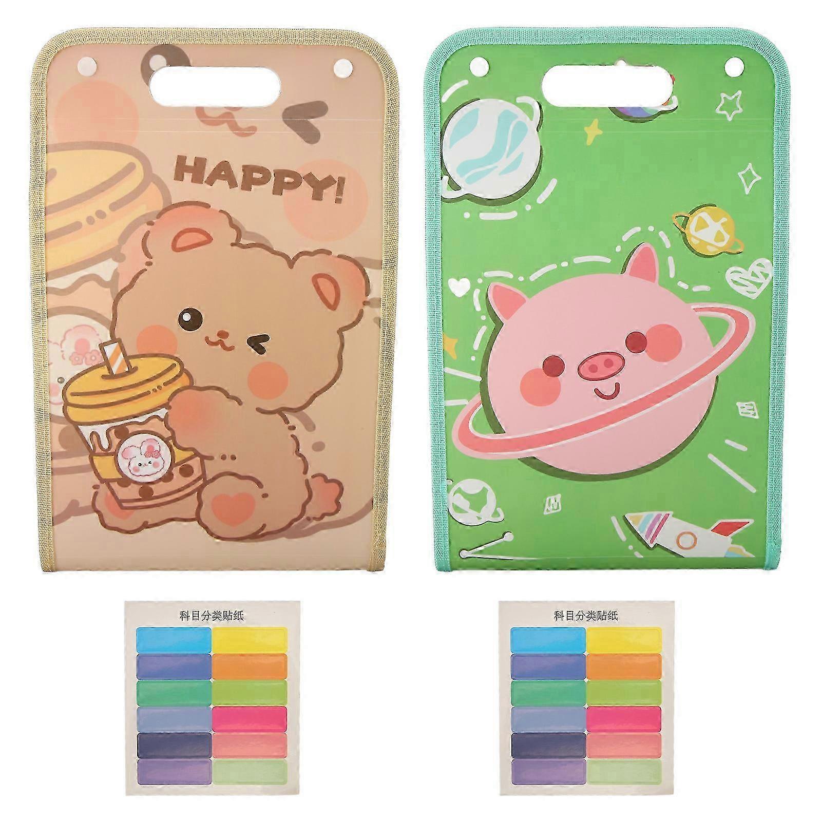 2pcs A4 Expanding File Folder 13 Pockets Cartoon Bear Pig Large Capacity Office School Khaki Universe