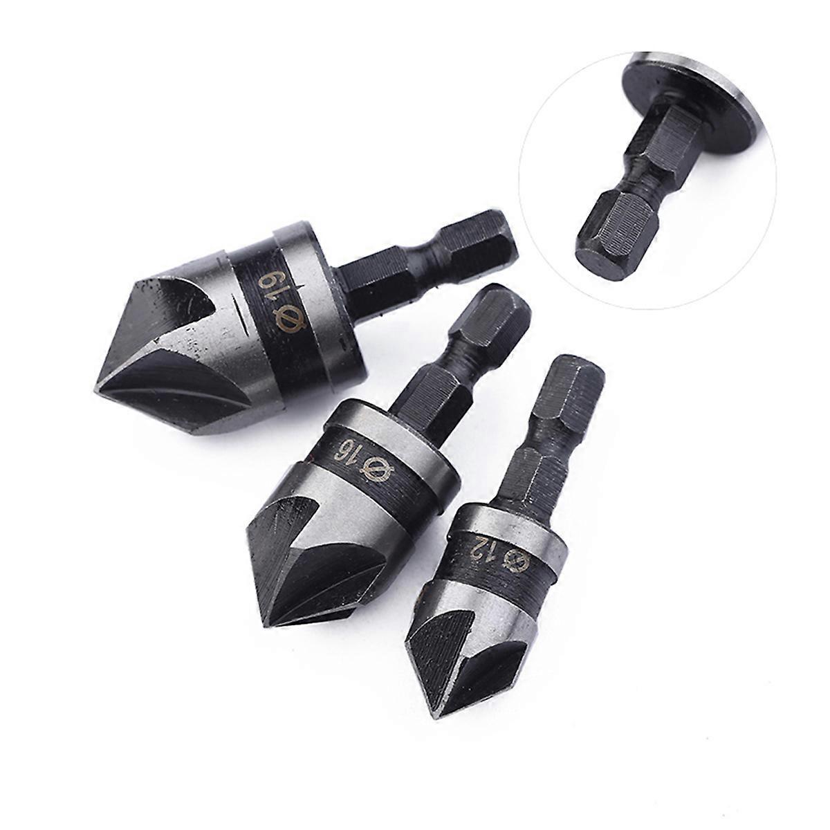 Deburring Chamfering Drill Bit Woodworking 5 Flute 90 Degree Carbon Steel Hexagonal Shank 3Pack