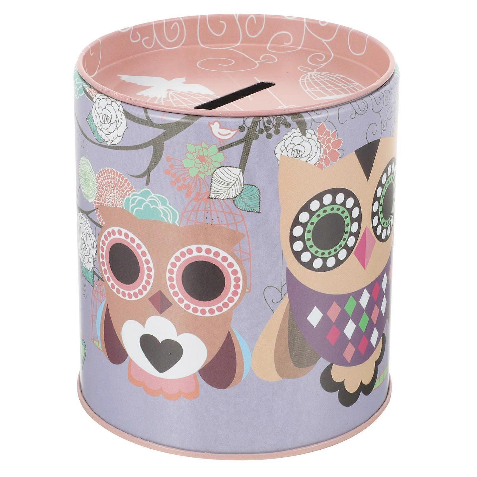 Cartoon Piggy Bank Owl Pattern Coin Container Tinplate Kids Money Saving Home Use 3.9X3.4X3.4in 1Pack