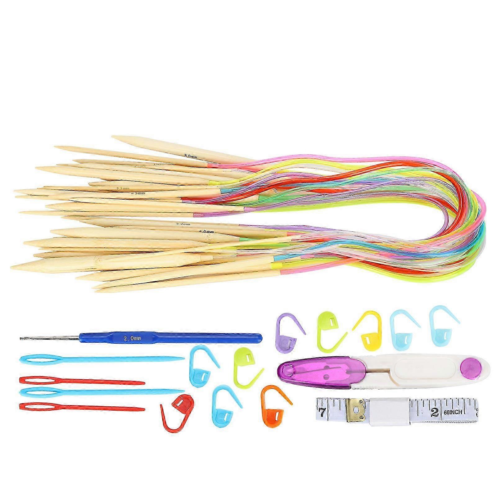 18Pcs Circular Double-Pointed Bamboo Knitting Needles Set with Accessories Pack (60cm)