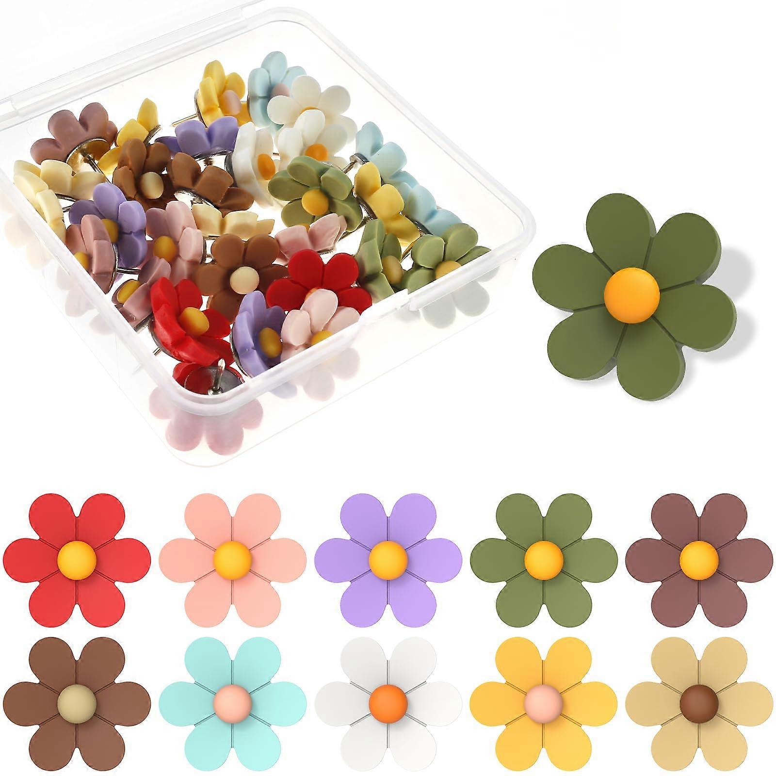 Pack of 30 Flower Push Pins, Reusable Floral Pattern for Notice Board, Cork Board, Office