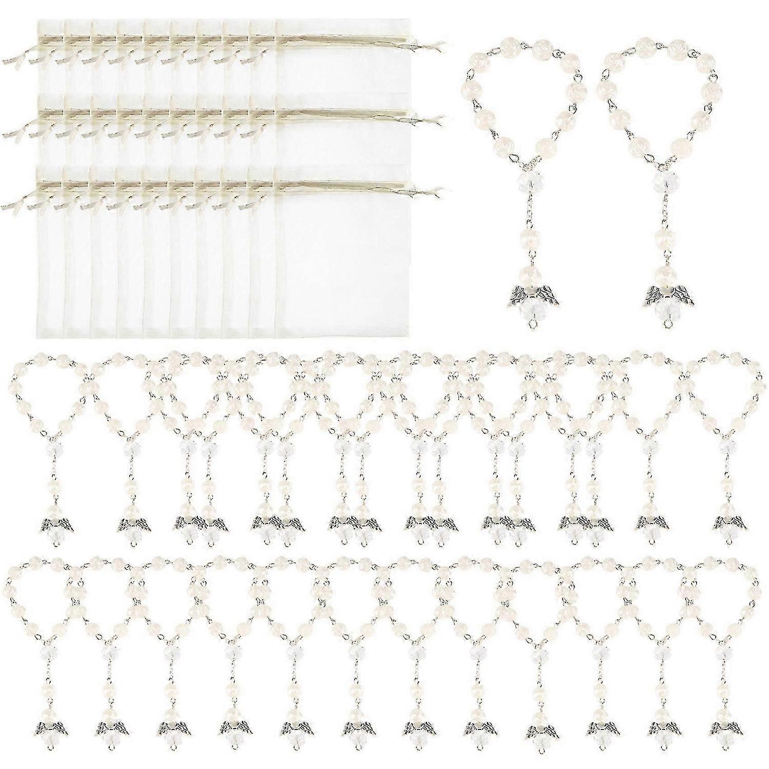 30 Pcs Baptism Acrylic Rosary Beads Mini Rosaries Angel with Organza Bags for The First Communion Baptism Party Favors bs