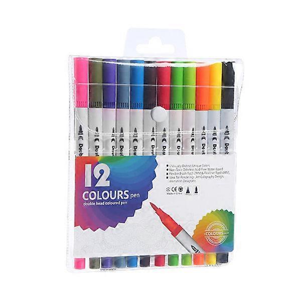 Dubbelhövdad vattenbaserad markörpenna (12 färger, vit kropp)